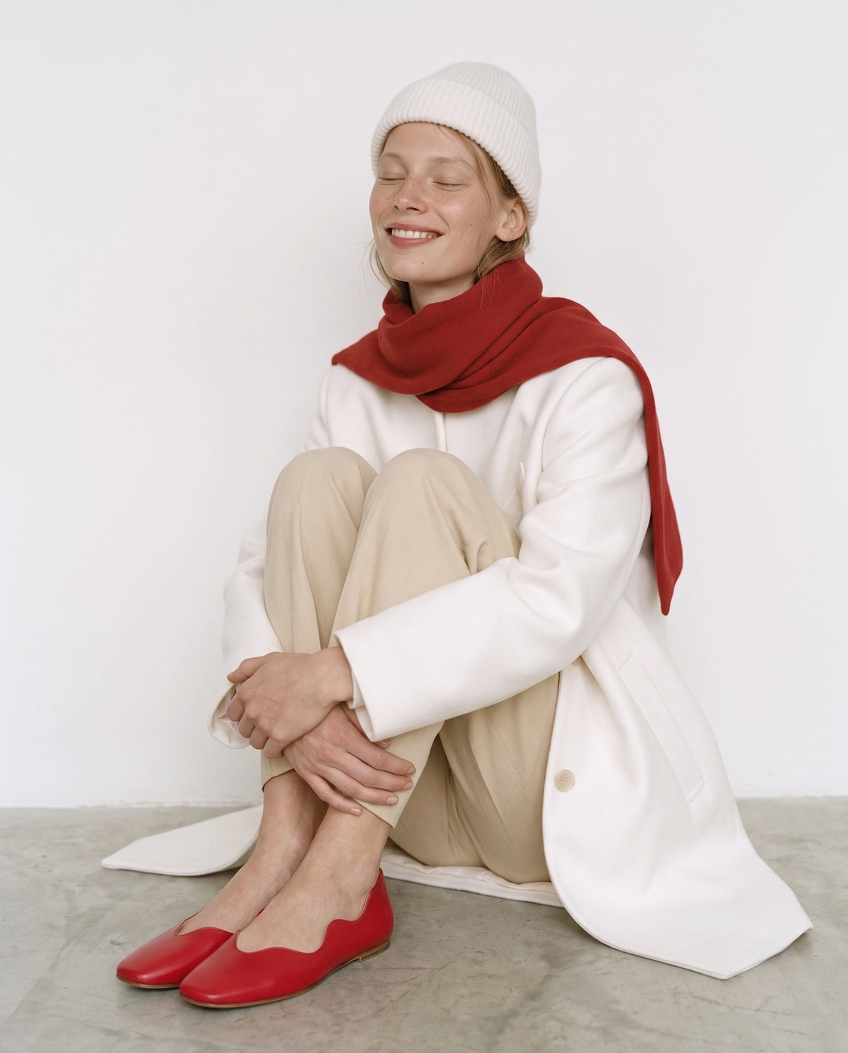 Styling red leather flats for Christmas parties and winter travel in large shoe sizes